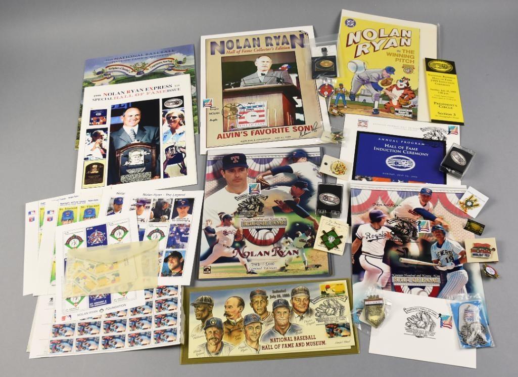 Nolan Ryan, MLB Pitcher Memorabilia: This is a huge lot of memorabilia for Hall of Fame pitcher, Nolan Ryan. This lot includes magazines, postage stamps, lapel pins and more. One piece is Alvin's Favorite Son and is signed.