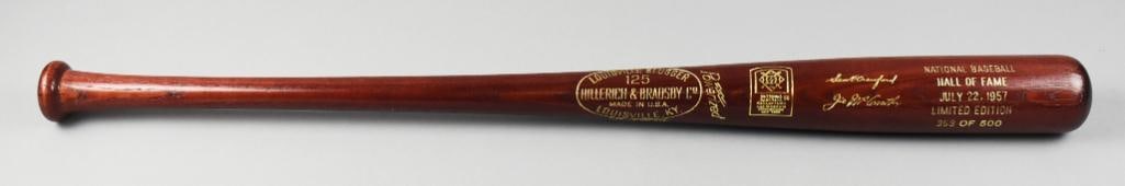Ltd Ed 1957 HOF Bat Crawford McCarthy 353/500: This limited edition 1957 Hall of Fame baseball bat, numbered 353 of 500, commemorates two significant figures in baseball history. Produced by Hillerich & Bradsby Co., this Louisville Slugger
