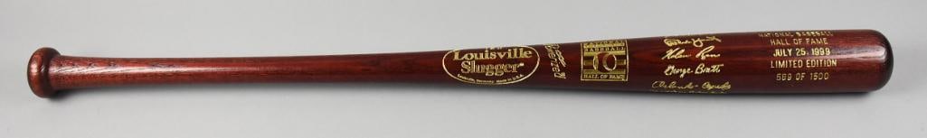 1999 National Baseball Hall of Fame Limited-Edition Bat with Signatures: This limited-edition Louisville Slugger baseball bat commemorates the 1999 National Baseball Hall of Fame induction. It is number 589 of only 1,500 produced and features engraved signatures from