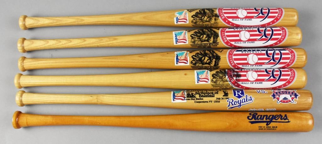 Commemorative Mini Bats for HOF Induction Day and Texas Rangers: This collection includes five mini bats commemorating Induction Day, July 25, 1999, at the Baseball Hall of Fame in Cooperstown, NY. The bats feature printed Hall of Fame graphics, induction details,