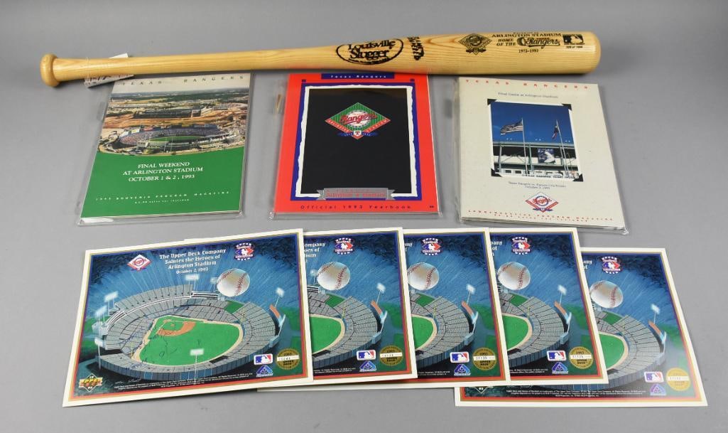 1993 Texas Rangers, Arlington Stadium Final Year Memorabilia: This lot commemorates the final season of Arlington Stadium, home to the Texas Rangers from 1972 to 1993. The collection includes three official program magazines, a commemorative Louisville Slugger