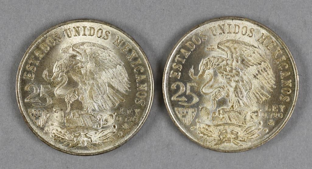 Silver 1968 Olympics 25 Mexican Pesos: This pair of 25 Pesos silver commemorative coins, issued by Mexico, celebrates the 1968 Summer Olympics in Mexico City. Both coins prominently display Olympic motifs, including the visual presence of 