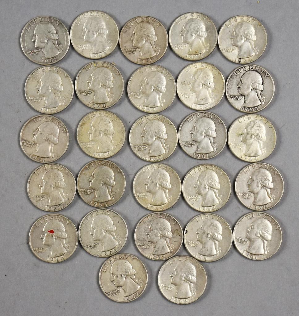 (27) 1960-1964 90% Silver Washington Quarters - Circulated: Lot is for 27 1960-1964 90% silver Washington quarters.