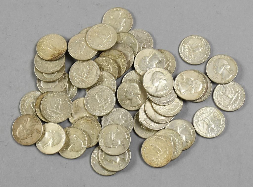 (50) 1964 Silver Washington Quarters - Circulated: Lot is 50 silver Washington quarters. All circulated.