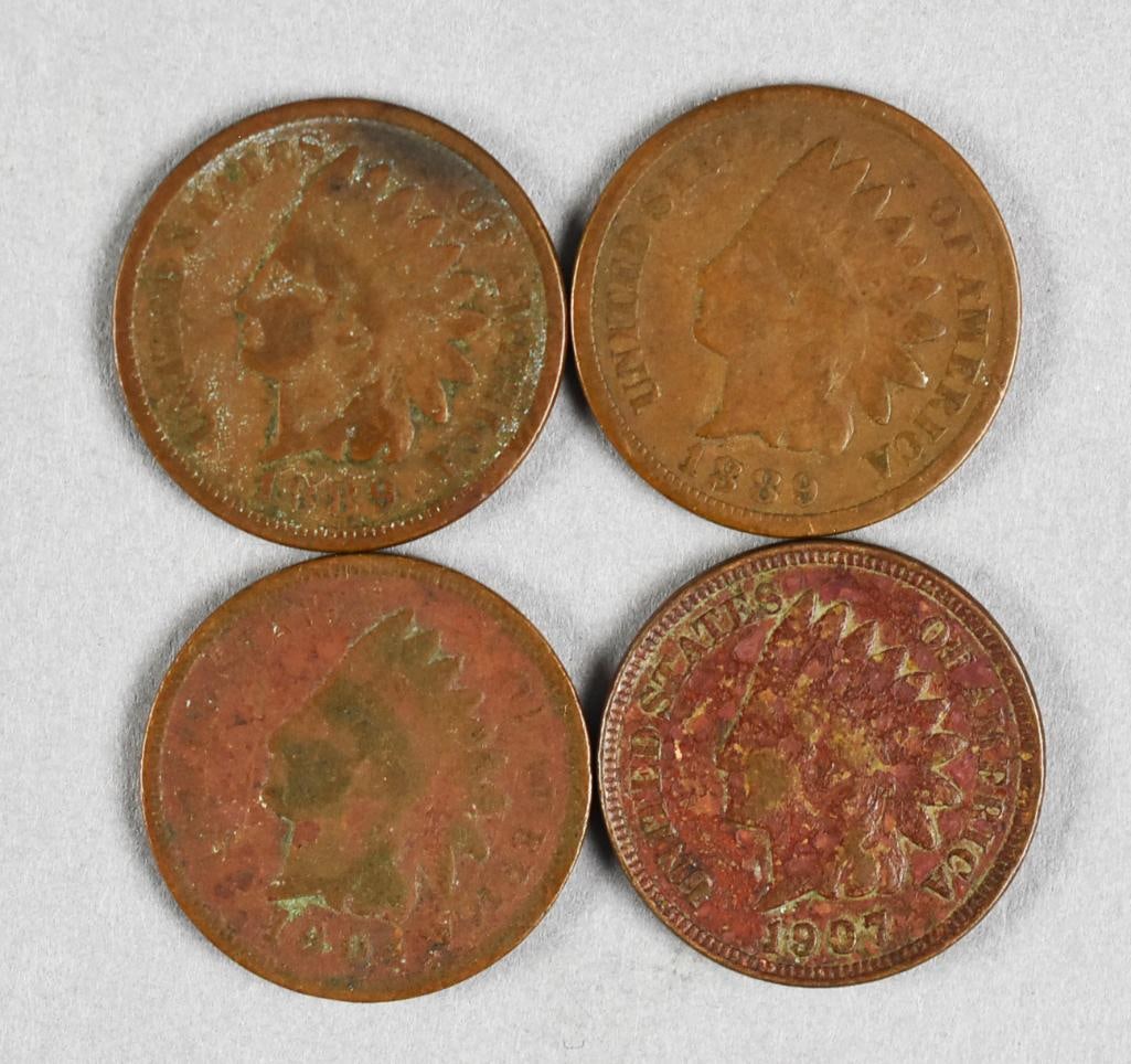 1889, 1904, 1907 Indian Pennies: Lot is for two 1889 and one each 1904 and 1907.