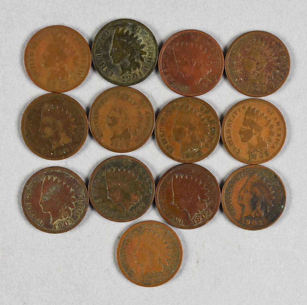 1900-1909 Indian Head Pennies: Indian pennies are not consecutive, dates include two 1900, two 1901, four 1902, one 1903, one 1904, two 1907 and one 1909.