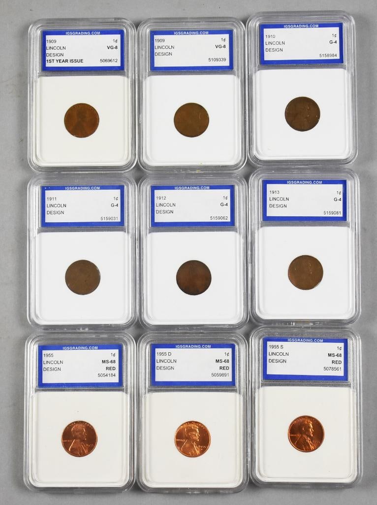 1909-1913, 1955 Lincoln Pennies IGS Grading: Nice collection of pennies that are from International Grading Service. Pennies are from 1909-1913 and are graded from VG-8 and G-4. Three additional pennies are from 1955 with mint marks of D and S