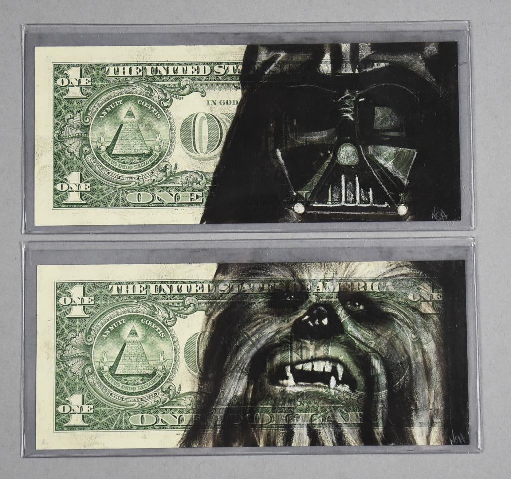 2013 $1 One Dollar Fed Reserve Note, Star Wars, Artist Signed: These are very cool $1 dollar bills. They have a charcoal drawing on the back of each for Star Wars with one being Darth Vader and the other is Chewbacca. The artist initialed each in the lower right