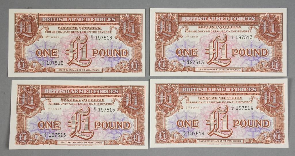 1950s British Armed Forces (1) One Pound Notes, Sequential: Great British Armed Forces one pound notes, set of four. They are sequential No. 197513, 197514, 197515 and 197516.