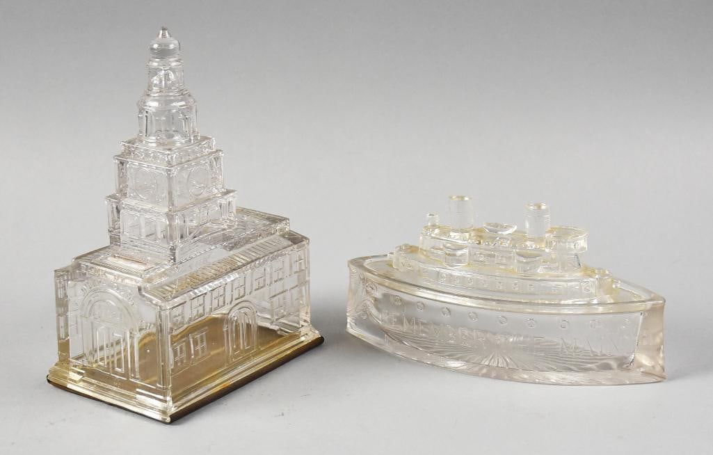 1876 Independence Hall Bank Remember the Maine Candy,: These are awesome novelty glass pieces, a candy dish and still bank. The candy dish in the form of a ship is Remember the Maine, top of ship is the lid. Measures approx. 4" x 7.5". The still bank is