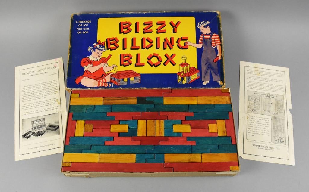 1944 Bizzy Bilding Blox No. 2 Size, Original Box: Cute vintage game called A Box of Joy for a Girl or Boy. This set if Bizzy Bilding Blox, No. 2 Size contains a box full of wooden building blocks as well as design instructions and ideas. Copyright