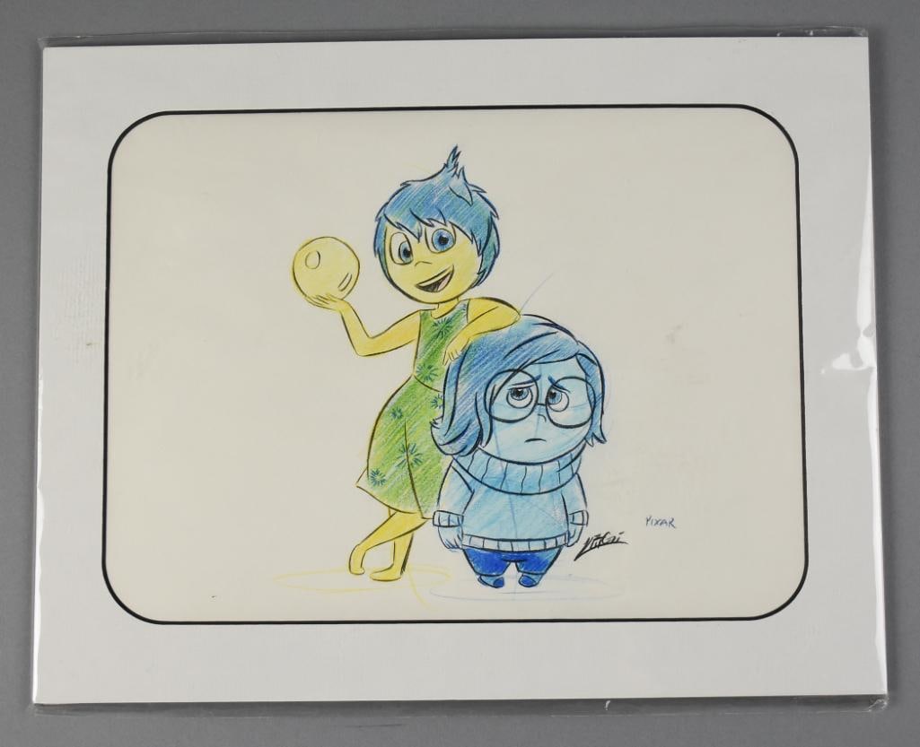 Disney Pixar Hand Drawn Sadness & Joy, Inside Out, Signed: Awesome hand signed original drawing of Joy and Sadness from the animated film Inside Out. It has been signed, appears to read Vittori, possibly a park character actor.?