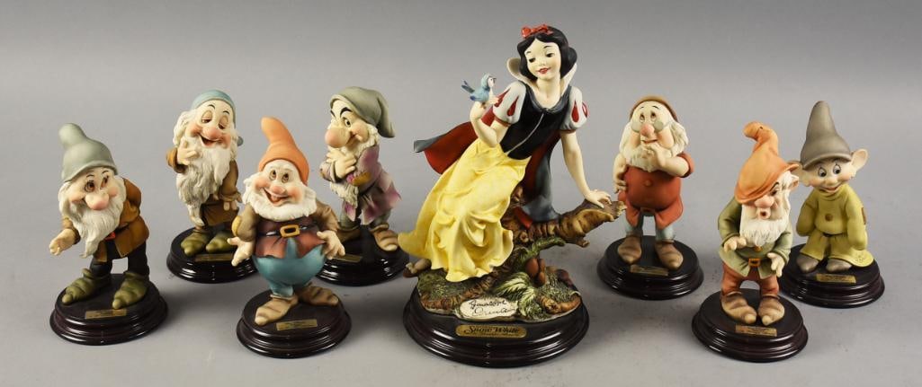Giuseppe Armani Snow White & The Seven Dwarves: Fun set is from the Giuseppe Armani Disney Collection of Snow White and the Seven Dwarves. Snow White with facsimile of Armani's signature. These pieces were created in 1993 in Florence. All retain th
