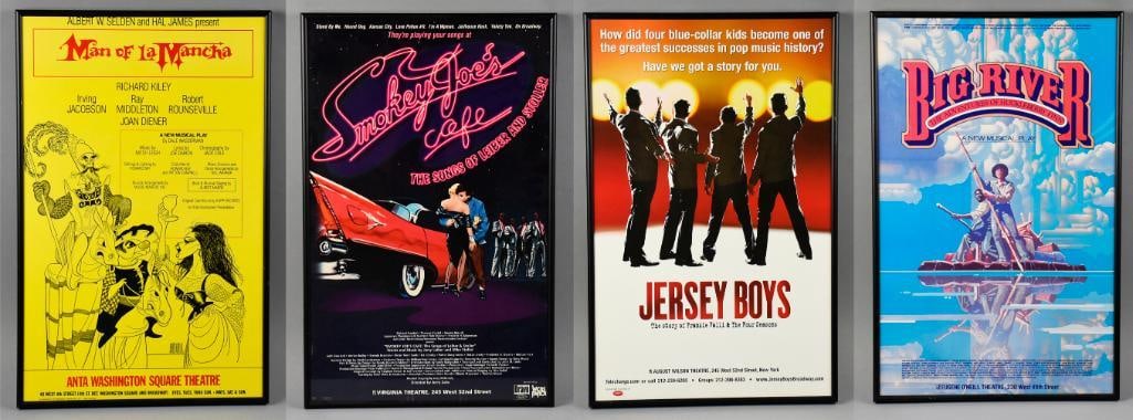 Lot of 4 Framed Broadway Musical Theater Window Cards: Man of La Mancha, Big River, Smokey Joe?s Cafe & Jersey Boys ? Lot includes four framed Broadway musical theater window cards, each measuring approximately 14" x 22". Titles include Man of La Mancha,
