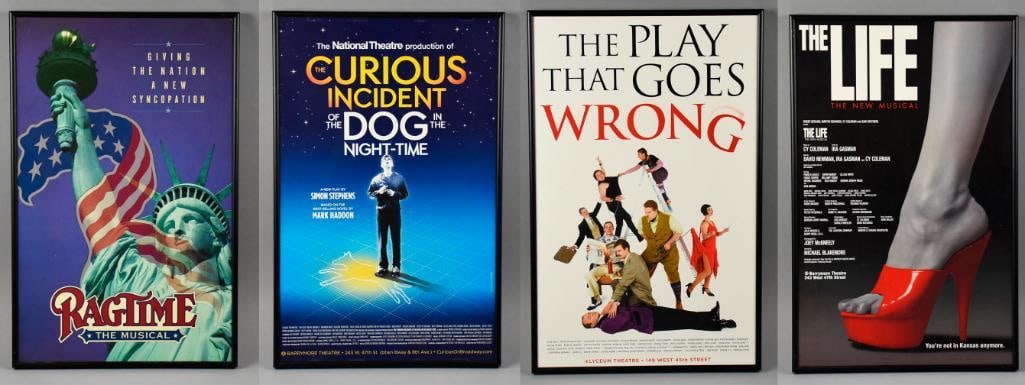 Lot of 4 Framed Broadway Musical Theater Window Cards: Ragtime, The Life, The Play That Goes Wrong & The Curious Incident of the Dog in the Night-Time ? Lot includes four framed Broadway theater window cards, each measuring approximately 14" x 22".