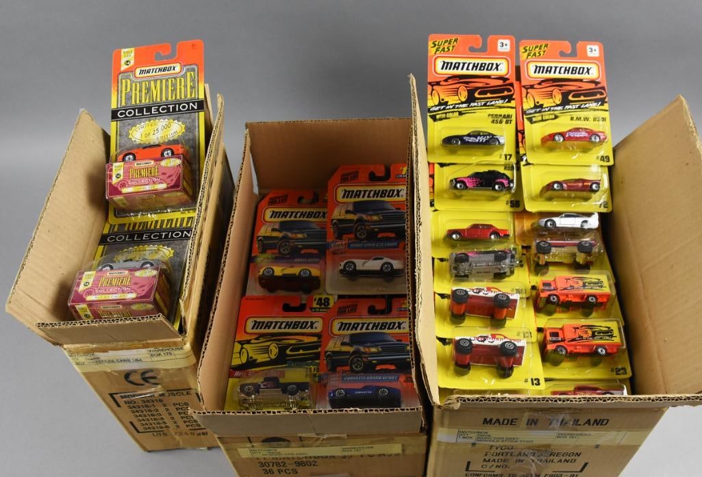 (84) 1990s Tyco/Mattel Matchbox Factory Cases-MOC-NOS: Includes Modern Muscle/Premier Collection, Tyco assortment and Mattel assortment. Virtually unsorted, may contain duplicates. Single owner collection from the largest toy collector on the West Coast.