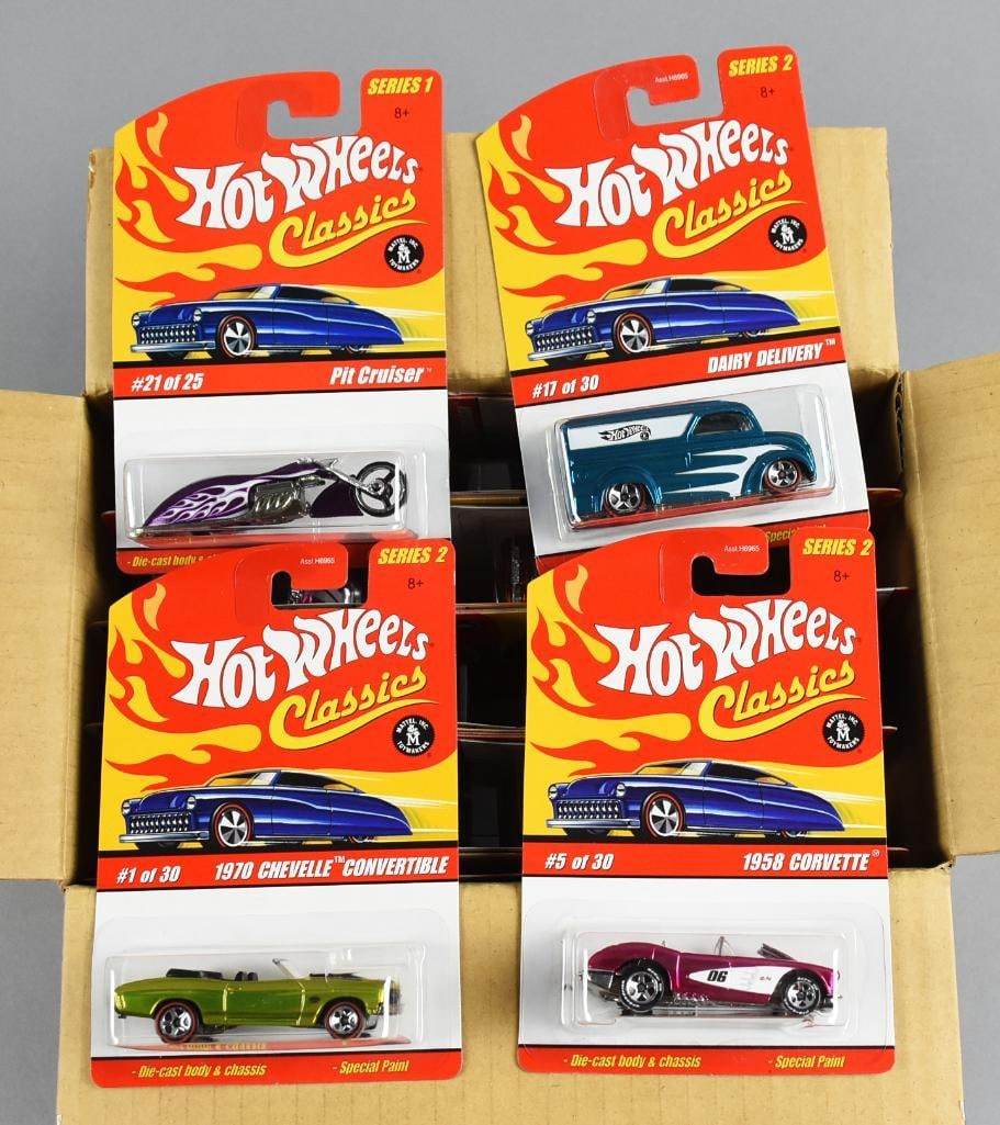 2000s Mattel Hot Wheels Classics Factory Case-MOC-NOS: Includes Pit Crew, Dairy Delivery, 1970 Chevelle Convertible, 1958 Corvette. Lot with duplicates, case appears original. Single owner collection from the largest toy collector on the West Coast.
