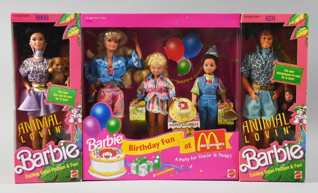 1988, 1993 Mattel Barbie Animal Lovin', McDonald's NRFB: Nice lot of Barbies that include and Animal Lovin' Barbie and Ken, each with their own little animal. The McDonald's Barbie is Birthday Fun and includes Stacie and Todd.