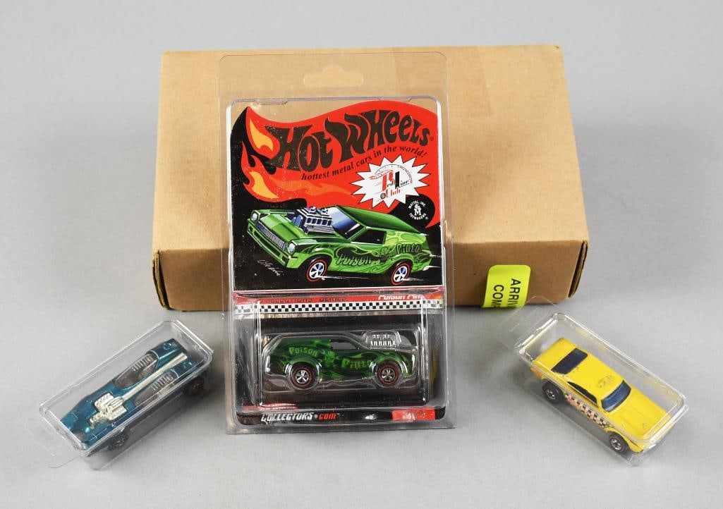 1960s, 2006 Mattel Hot Wheels Redline Diecast MOC NOS: Includes 1968 Splittin' Image, 1969 Maxi Taxi and a 2006 Poison Pinto. Single owner collection from the largest toy collector on the West Coast.