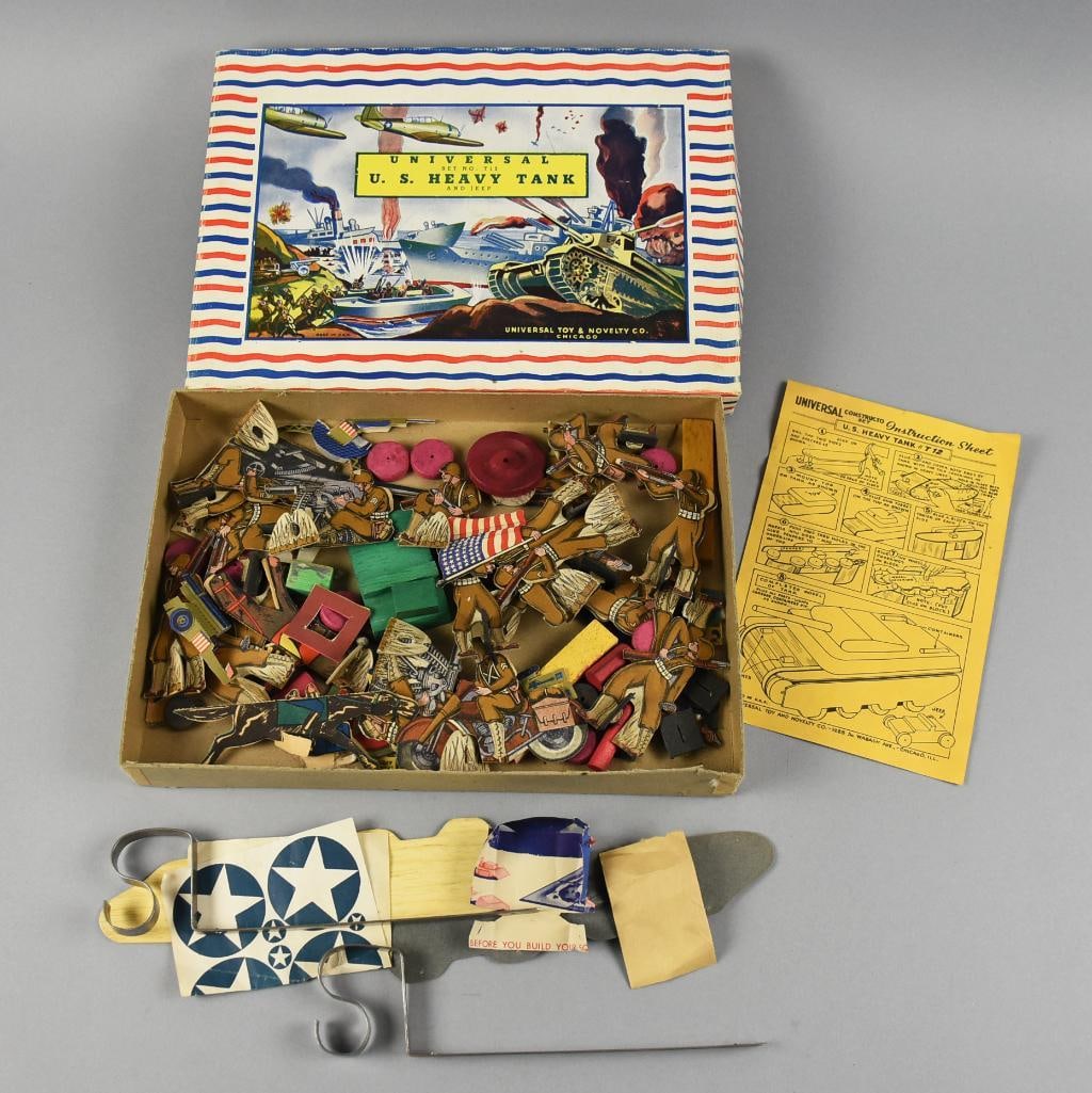 Vintage Universal Toy & Novelty Co, Misc Toy Assortment: This box is filled with some interesting toys filled with what appear to be stand up toy soldiers in 2D as well as some of the original contents of the box, US Heavy Tank & Jeep from Universal Toy & N