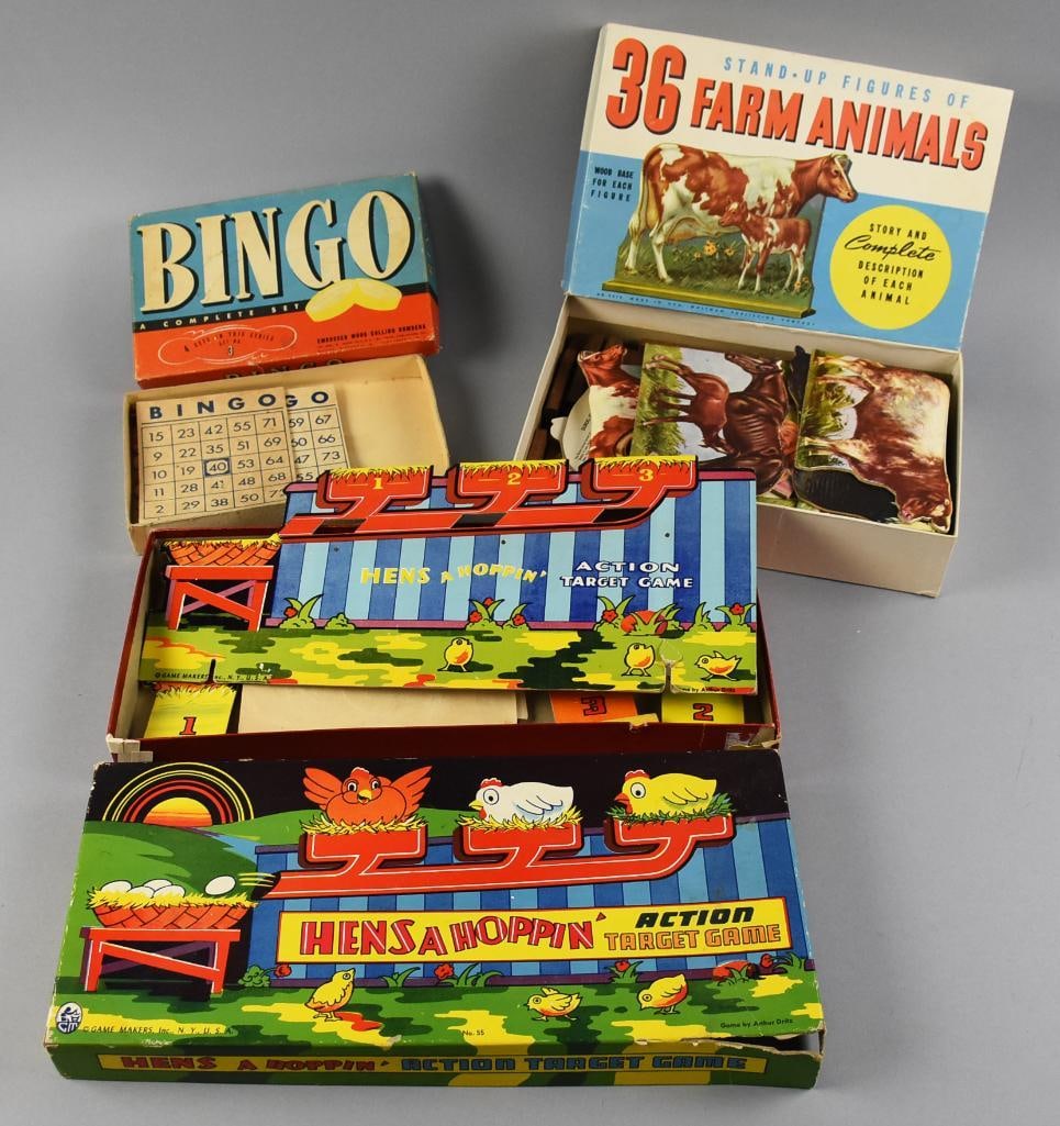 Vintage Whitman, Game Makers Inc Board Games: Fun lot for family night is this grouping of vintage board games. They include a rare Hens a Hoppin' Action Target Game, appears complete. Two from Whitman, Bingo and 36 Farm Animals - Stand Up. All a