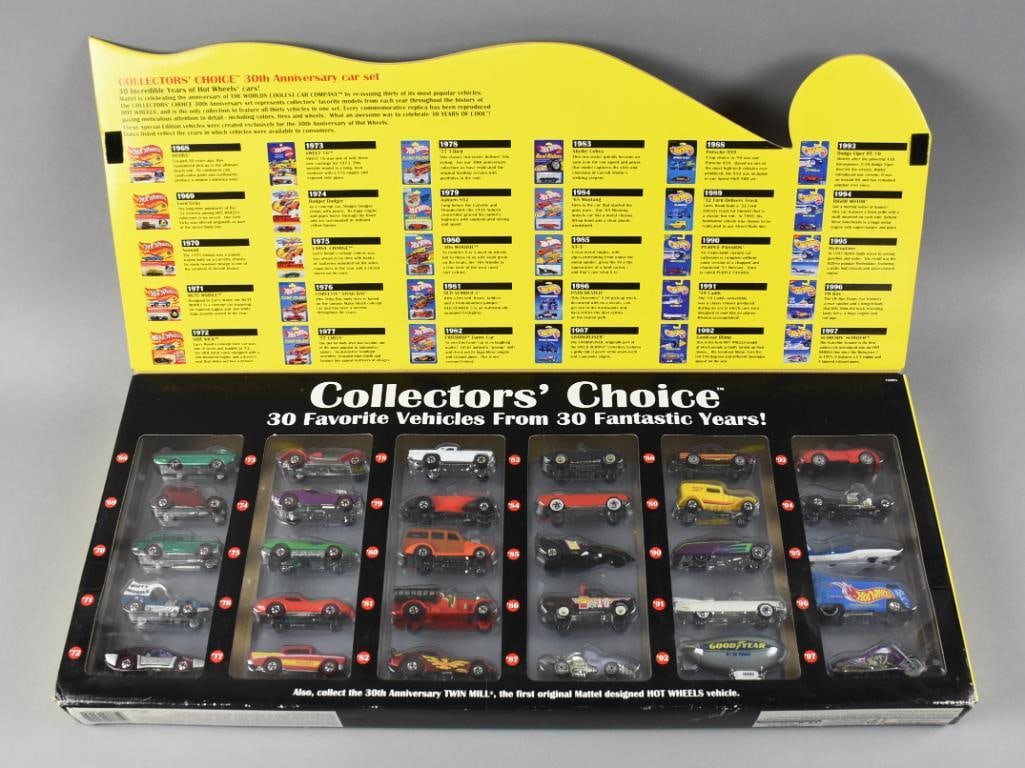 1968-1998 Mattel Hot Wheels Collector's Choice MIB NOS: This collectible Hot Wheels set features 30 die-cast vehicles showcasing models from the brand's first 30 years, introduced to celebrate Hot Wheels' 30th anniversary in 1998. The set includes iconic c
