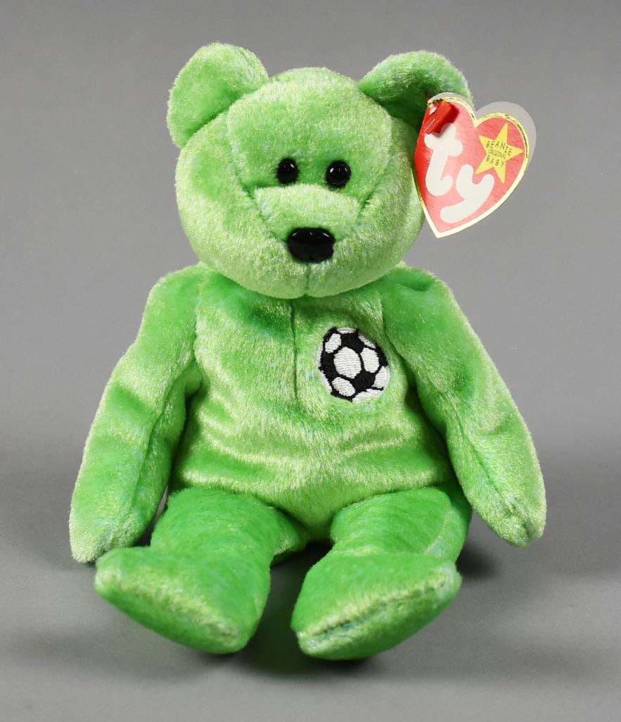 5th Generation TY Beanie KICKS 6 Errors: Here is a 1998 TY Beanie Baby Kicks the Soccer Bear (#4229), 5th-generation swing tag / 7th-generation holographic tush tag. This one has ALL the errors and is in excellent condition, making it