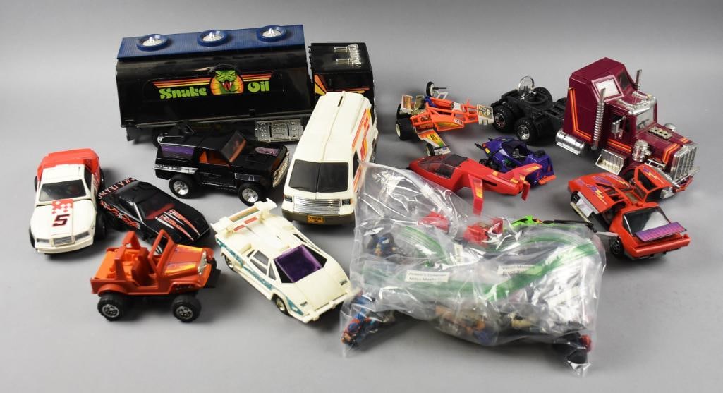 Vintage Kenner Mask Vehicle & Accessories Assortment: Lot is assorted Mask vehicles and accessories from Kenner. Includes the Kenworth truck, Snake Oil truck, race car and others. Also includes small to scale action figures. Loose.
