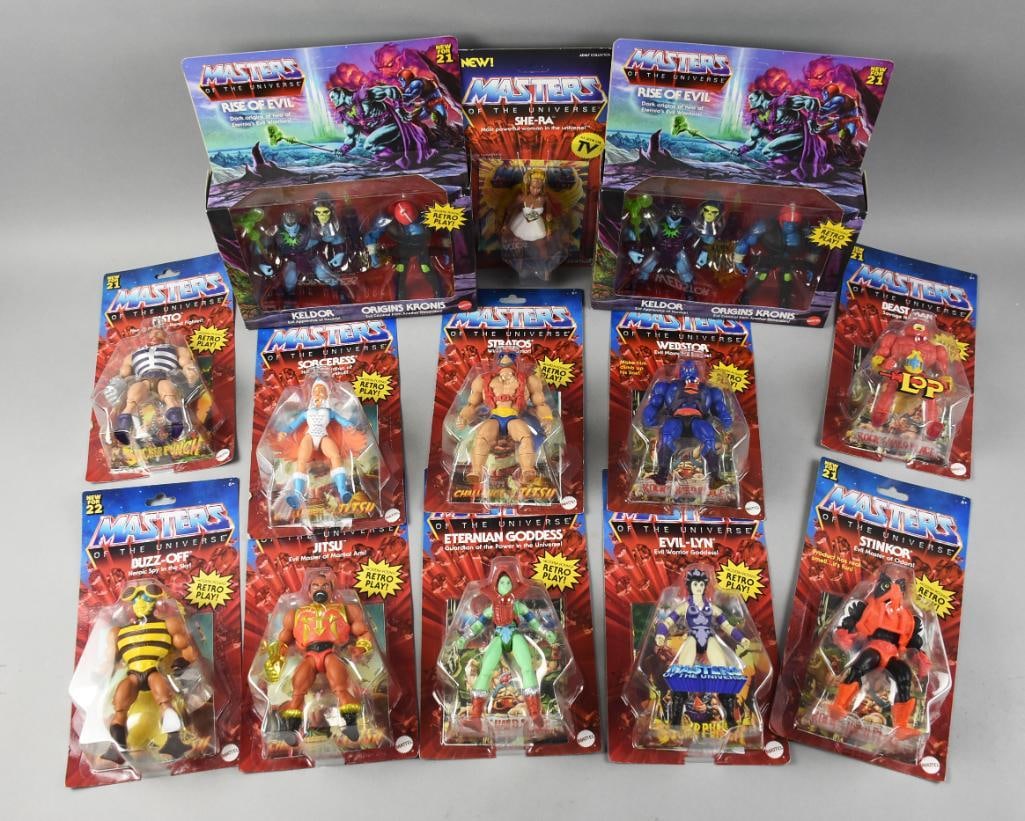 (13) 2000s Mattel Masters of the Universe Action Figs MIP NOS: They include Sorceress, Stratos, Stinkor, Evil-Lyn, Jitsu, Buzz Off and more. Also includes two Rise of Evil playsets.