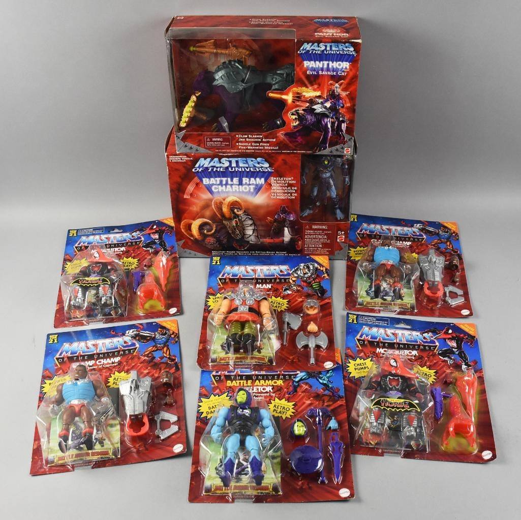 (8) Mattel Masters of the Universe Action Figs PLUS MIP NOS: They include Skeletor, Ram Man, two Clamp Champ and two?Mosquitor. Larger boxes are Panthor and Battle Ram Chariot.