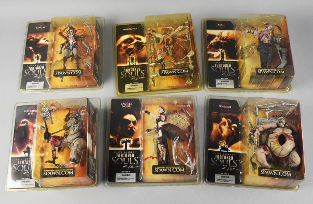 (6) 2002 McFarlane Tortured Souls Action Figures MOC NOS: Lot is for six McFarlane from Clive Barker's Tortured Souls action figures from 2002. They include Morbundi, Zain, Suffering Bob, Camille Noir, Feverish and Szaltax.