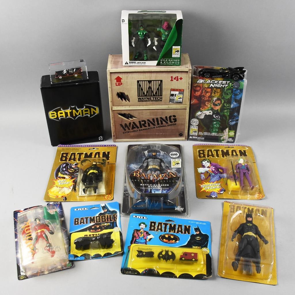(13) 1980s-2000s Batman Assortment, Figures & Vehicles NOS: Lot is an assortment of Batman action figures and more. Includes two Ertl: Batmobile?and three pack Batmobile, Batwing and Van; Toy Biz: Joker with squirting orchid and Batman with Bat Rope; Mattel: