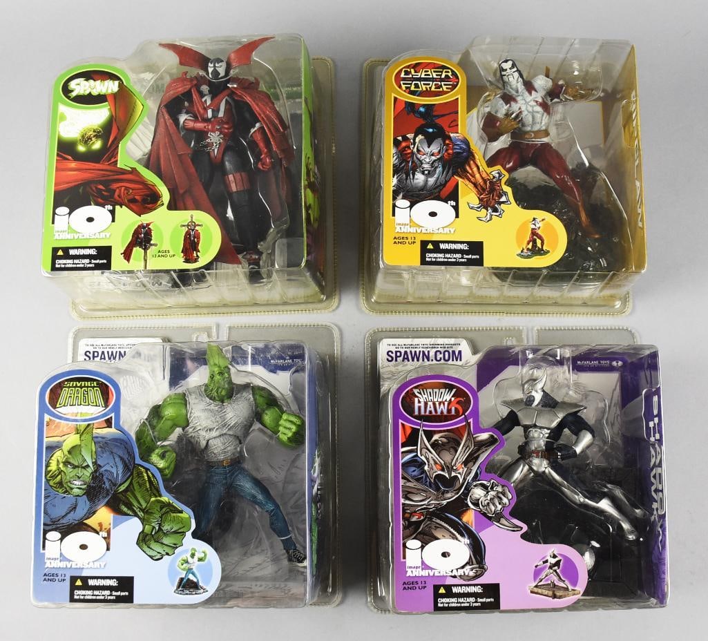 (4) 2002 McFarlane Spawn Image 10th Anniversary MIP - NOS: Lot is four McFarlane Spawn action figures commemorating the 10th anniversary. Includes Spawn, Cyber Force, Savage Dragon and Shadow Hawks.