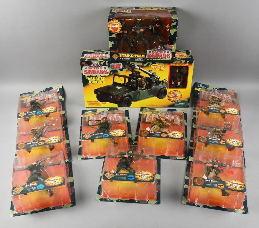 (11) 1998 Galoob Battle Squad Action Figures & More MIP NOS: Lot is for 11 Battle Squads action figures, a play set and an Assault Humvee, all from Galoob from 1998.