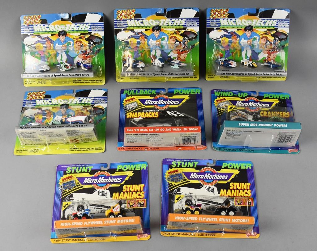 (8) 1990s Galoob & Ace Novelty Micro Speed Racer MIP NOS: Lot is for eight Speed Racer toys. Four from Galoob?Micromachines: Snapbacks, Crankers and two different Stunt Maniacs. Ace Novelty includes #1-4 New Adventures of Speed Racer Collector's Sets.