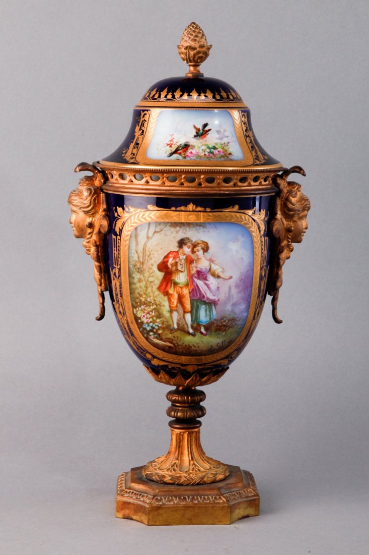 1779 Sevres Rose Jar Urn Bleu Du Roi: 1779 Sevres rose jar in Bleu du Roi color, ormolu fittings and gold gilt trim. Appears to be in great condition. Lid is marked with double L factory marks along with the BB, indicating actual date. St