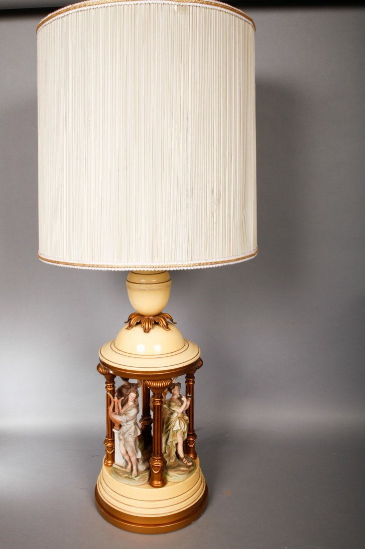 c1960 Italian Tole Lamp, Bisque Figurines: c1960 Italian tole lamp with female bisque figurines playing musical instruments. Two lights, dim light over band and main light. One band member does have a broken instrument, but it is presently wit