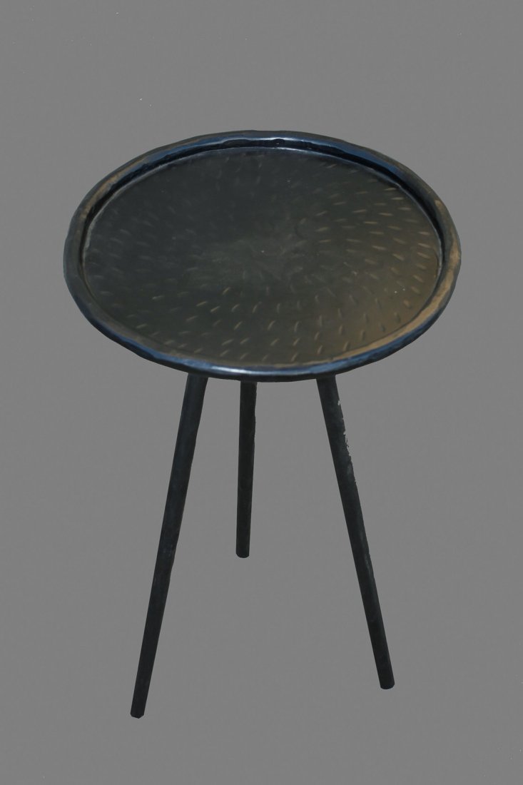 Primitive Cast Iron Minimalist Tripod Table: Cool minimalist cast iron tripod table with distressed surface. 30 x 16 diameter top