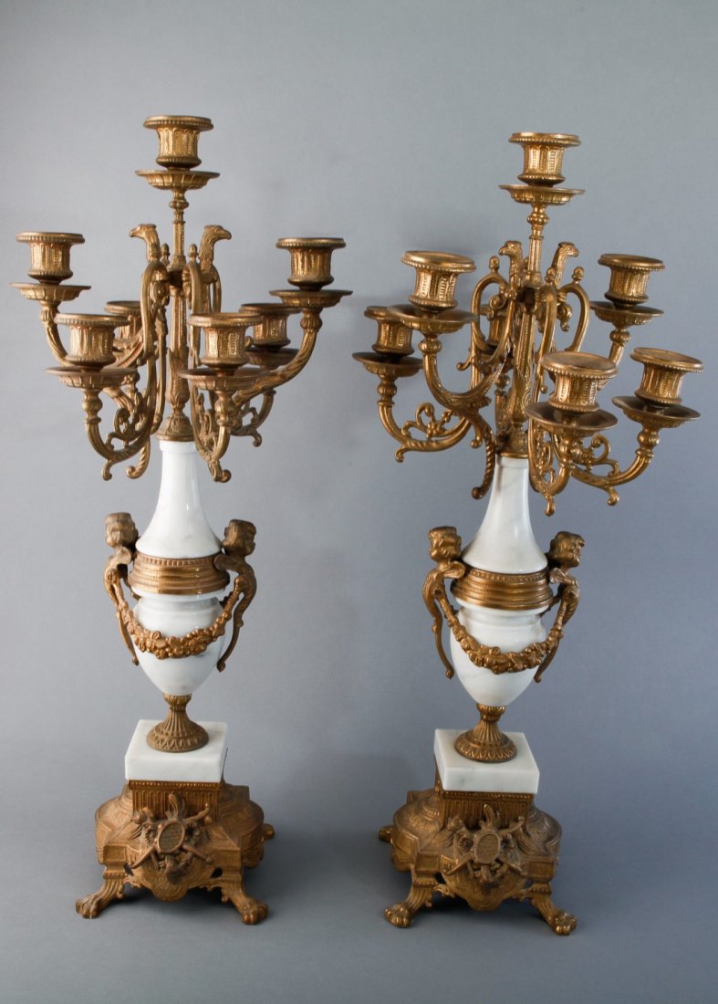 Pair Garniture Brass & White Marble Candlestick (1 of 3)