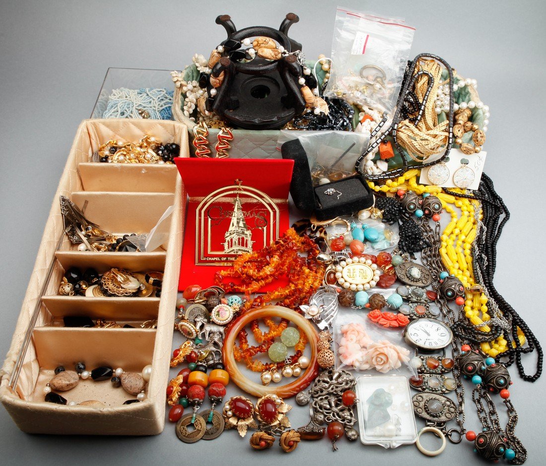 Huge Lot of Japanese and Costume Jewelry: Consists of gemstone earrings, necklaces, carnelian bracelets, costume pearls, amber, coral, bone, turquoise, watches, silver and gold tone chains