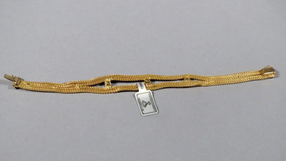 Vintage 18K Gold & 3 Diamond Bracelet: Vintage 18K gold, double strand mesh chain bracelet with 3 I.G.I. certified diamonds. Approx. 1/3 to 1/2cttw. Clasp stamped 750, which is 18K, and measures approx 7" long. Weight is 20.57gr.
