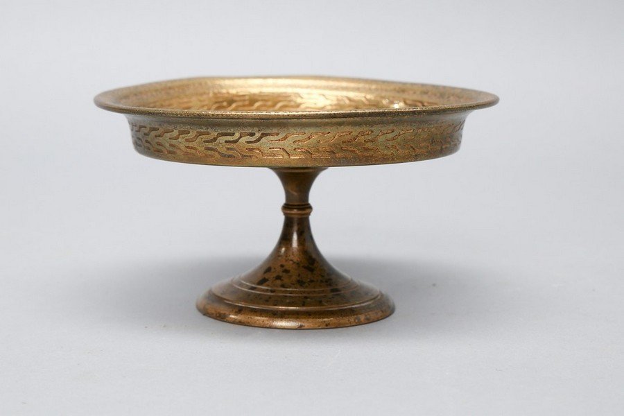 Tiffany Studios New York Gilt Bronze Pedestal Bowl: Beautiful Tiffany Studios Gilt Bronze compote bowl, rim slightly bent. Marked on the bottom with the Tiffany information as well as the piece number 1706 and had scratched in the numbers 369. Monogram