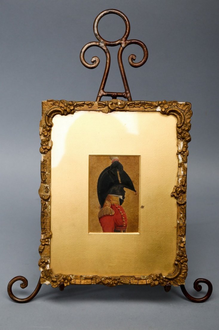 18th Century Watercolor, British Military Officer: Fantastic watercolor on paper of a British Military Officer surrounded by a gold matte. The frame is antique with wooden back and some gesso loss. Entire measurements are 8" x 10" Rare Circa late 18th