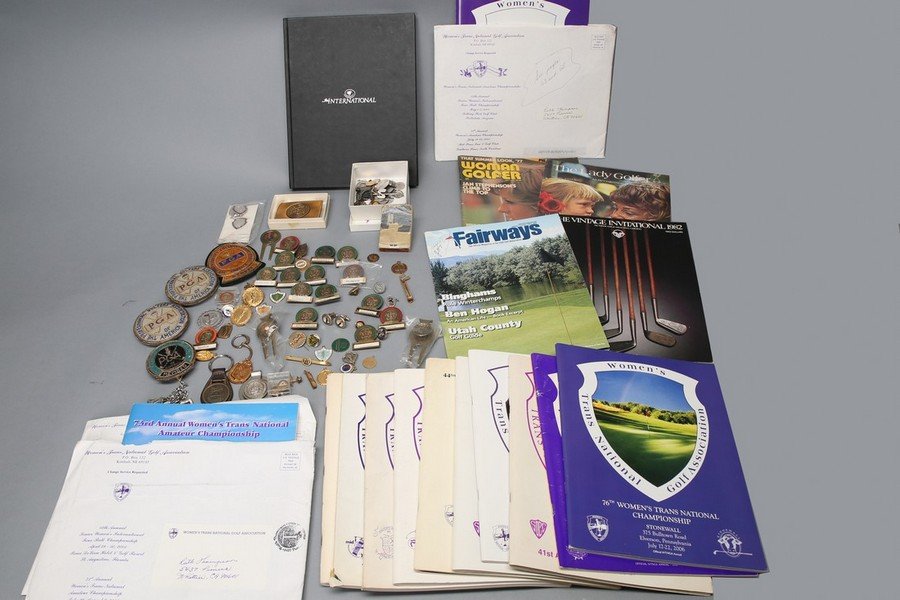 Vintage Ruth Thompson LPGA Golf Misc. Lot: Professional golfer, Ruth Thompson, LPGA golf lot. Consists of books, letters, badges and patches, a variety of sterling silver pins and charms and more. All dating from the 70s to the 90s.