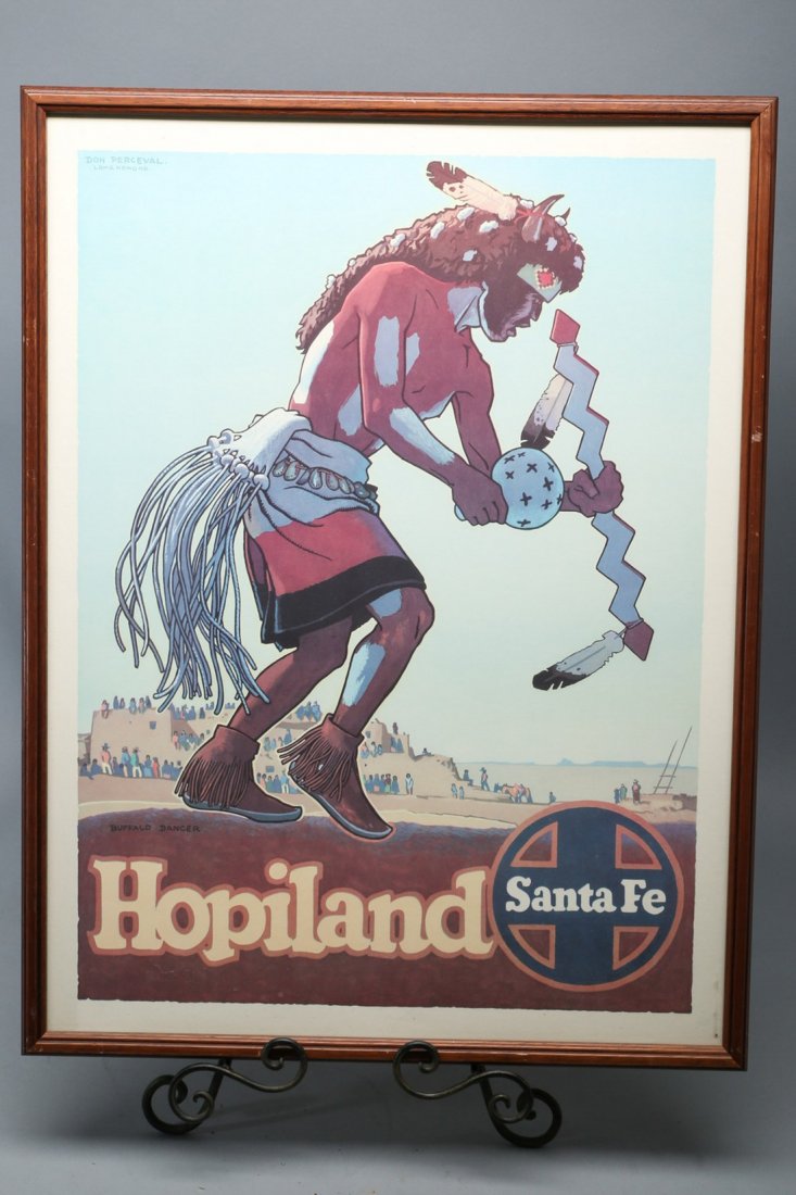 Vintage Original Hopiland Buffalo Dancer Santa Fe: Vintage Hopiland Buffalo Dancer by Don Perceval, Loma Hongha Santa Fe Railroad poster. Excellent framed condition, measures 19 x 25.