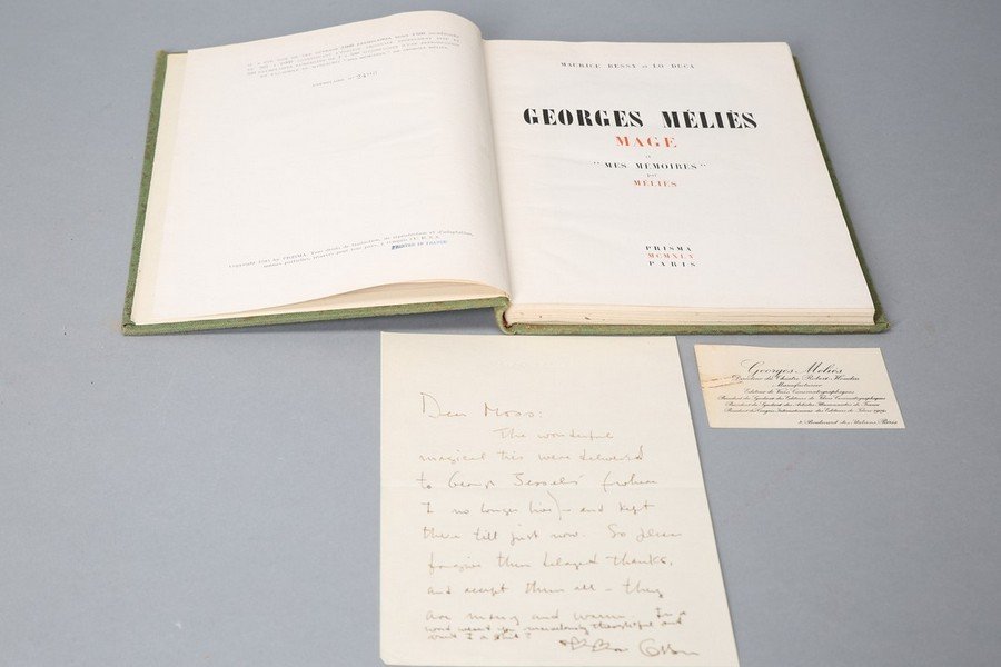 Orson Wells letter Signed Georges Melies: On Orson Wells personal stationery, with embossed letterhead, a hand written and signed letter to "Moss". In the letter Mr. Wells speaks of this George Melies book. The book also contains a card of Ge