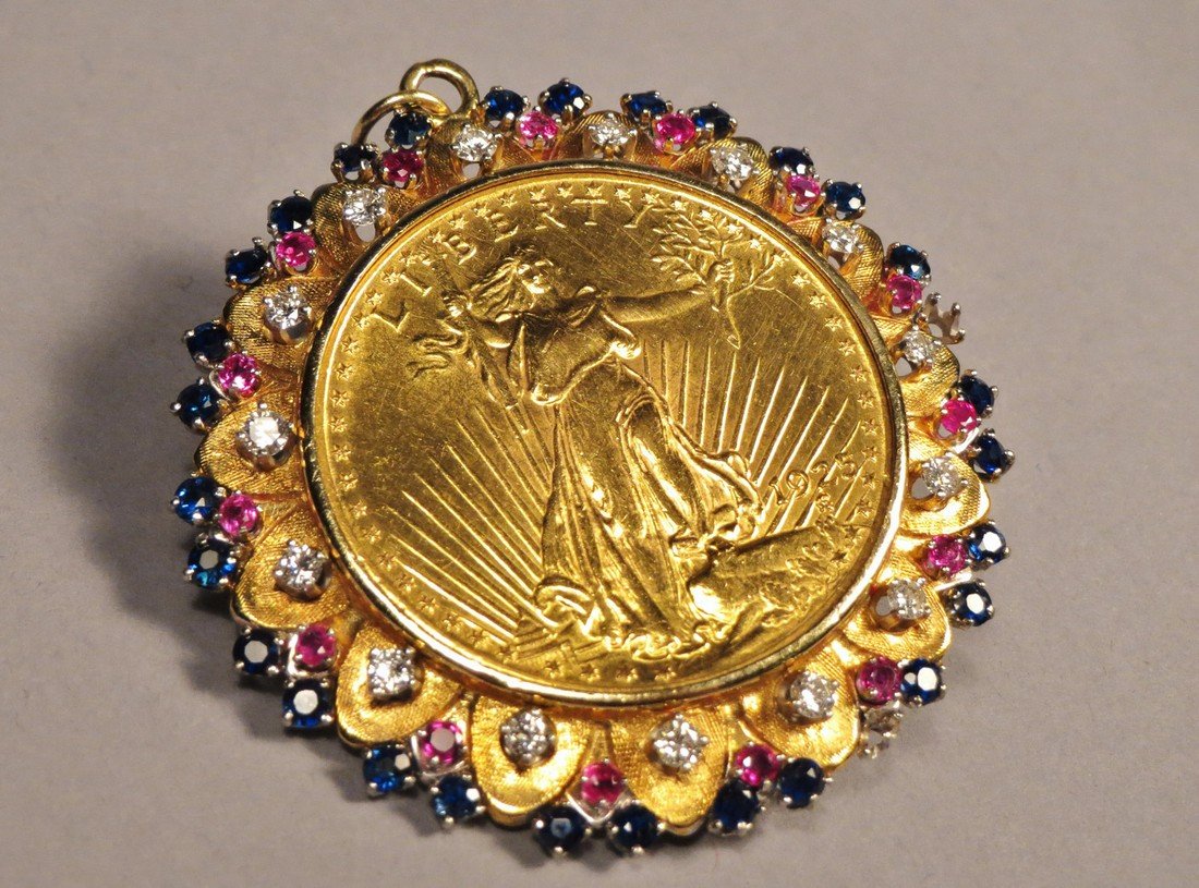 1925 $20 St. Gaudens Double Eagle Gold Coin: Beautiful 1925 $20 twenty Dollar. St. Gaudens Double Eagle Gold Coin set into a gold and gemstone bezel. Patriotic Bezel is marked 14K with maker marks of what appears to be CLD. Gemstone bezel is set