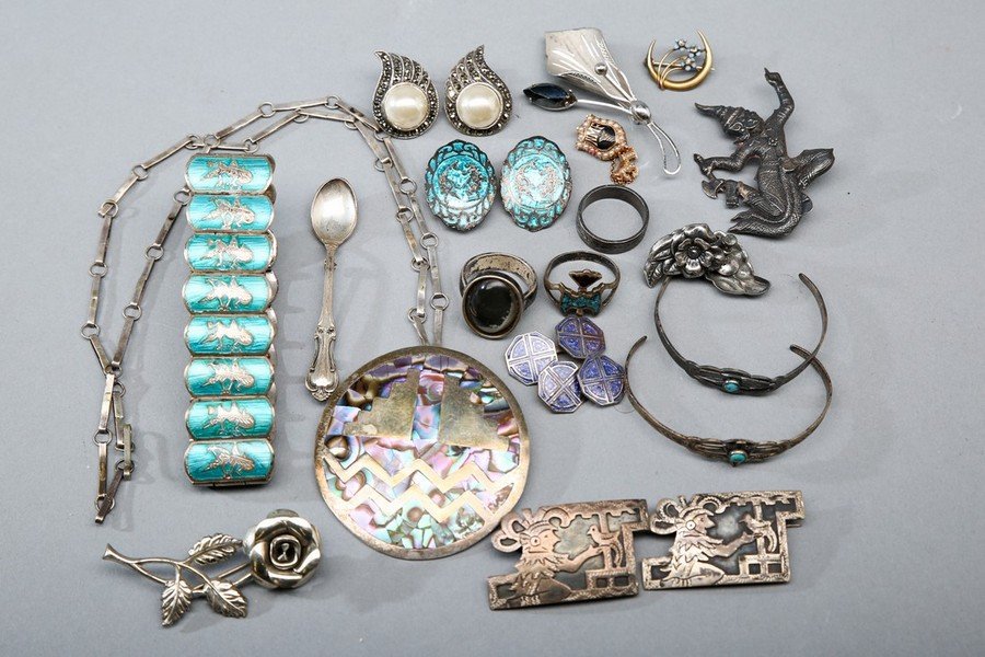 Misc Sterling and Gold Jewelry Items: Misc. sterling silver and gold jewelry lot consisting of 3 sterling rings, 1 pr. victorian enameled cufflinks, 6 brooches (2 flower, 1 spoon, 1 Tibet god, 2 Mayan gods), 3 pairs of earrings (1 enamele