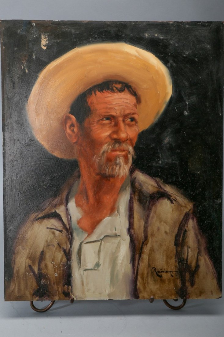 Oil Portrait on board Arcininga?: Arcininga oil on board painting of older man with hat. Measures 16 x 20. Has Gallry tag from Apollo Gallery from Whittier, California.