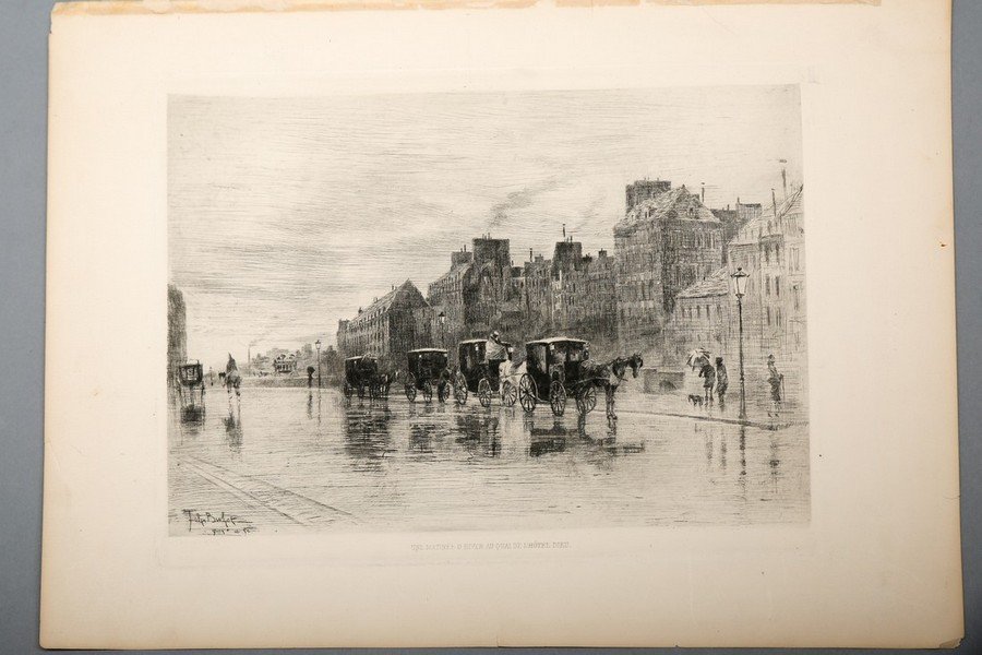 Antique Felix Buhot Etching Une Matinee: Antique Felix Buhot etching of a French scene with horses and carriages. Signed in plate. Plate size 9 1/2 x 12 1/4, paper size12 1/4 x 17 1/2 Some toning around the edges of the paper.